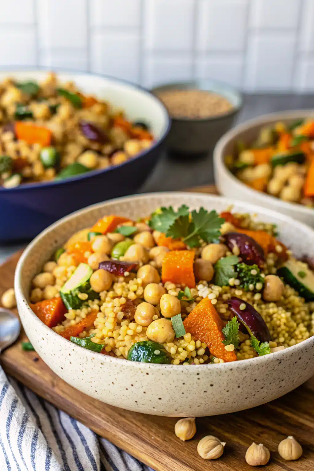 Moroccan Couscous with Roasted Vegetables ingredients organized and measured on kitchen counter