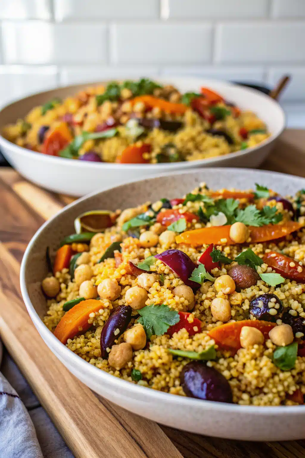 Moroccan Couscous with Roasted Vegetables slice on plate showing perfect texture and swirl pattern