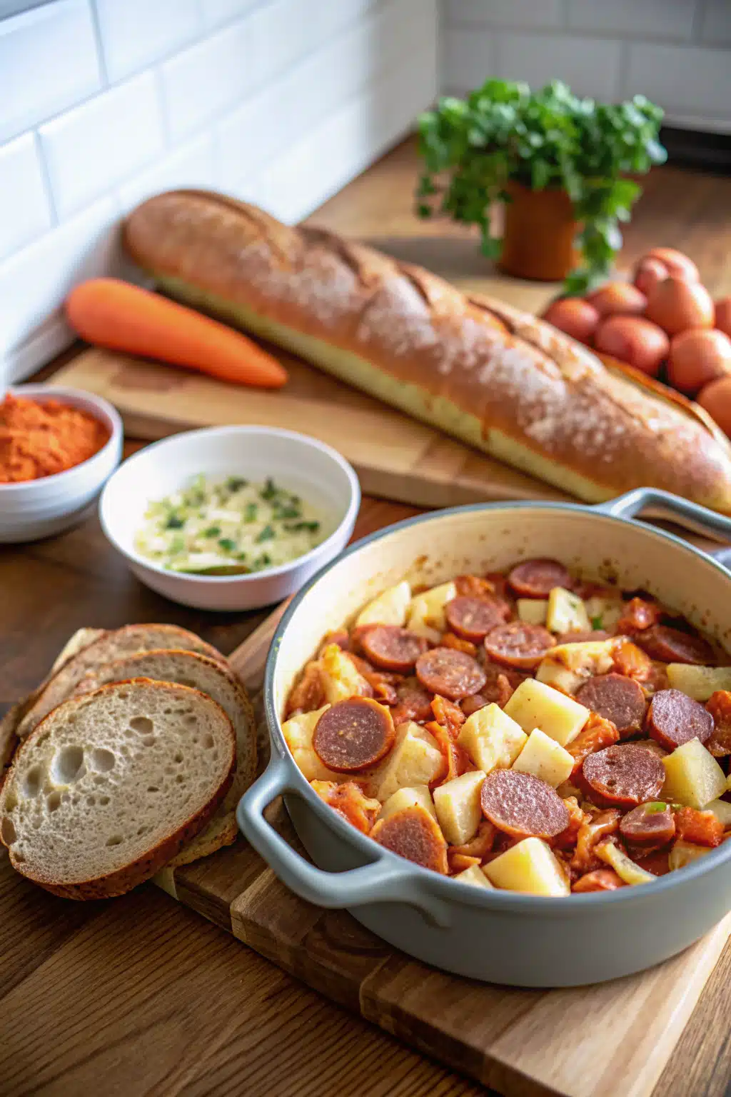 Dublin Coddle beautifully presented from an overhead angle