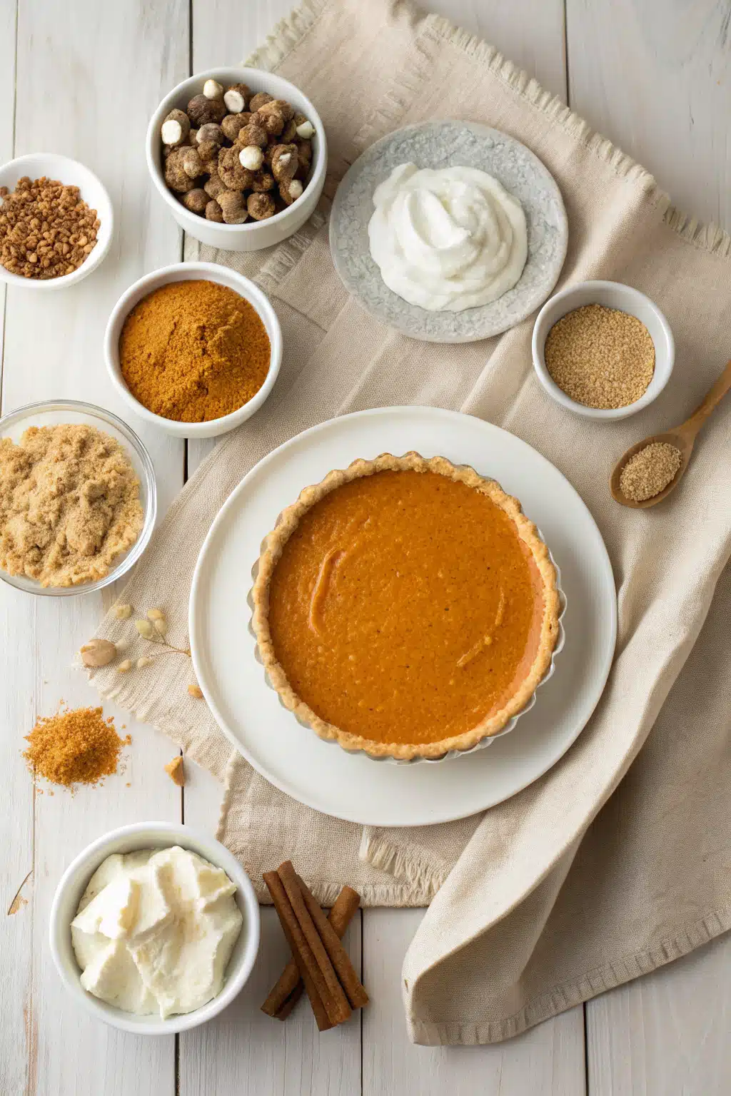 No Bake Pumpkin Pie beautifully presented from an overhead angle