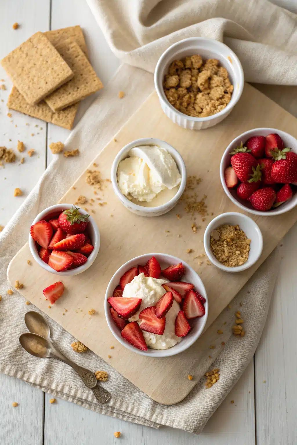 Strawberry Cheesecake beautifully presented from an overhead angle