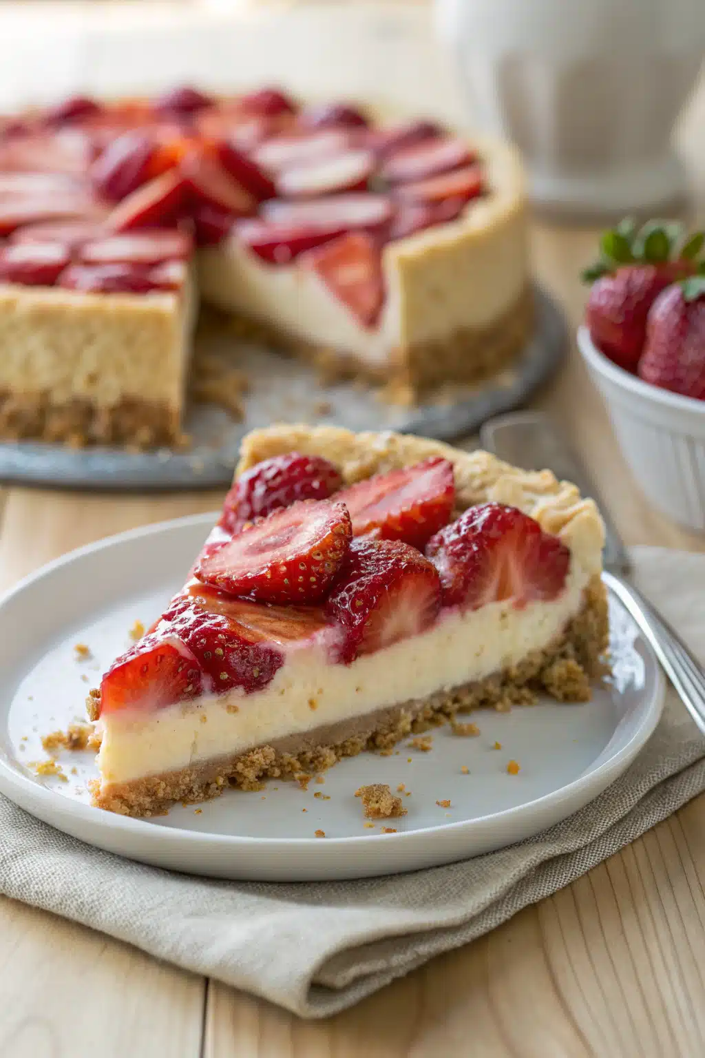 Strawberry Cheesecake slice on plate showing perfect texture and swirl pattern