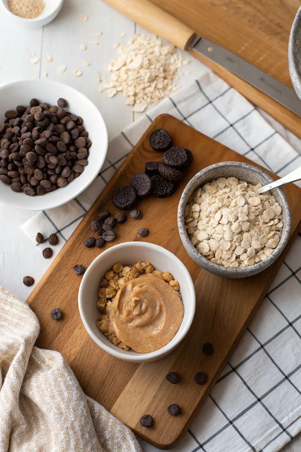 Oatmeal Chocolate Chip Peanut Butter Bars beautifully presented from an overhead angle