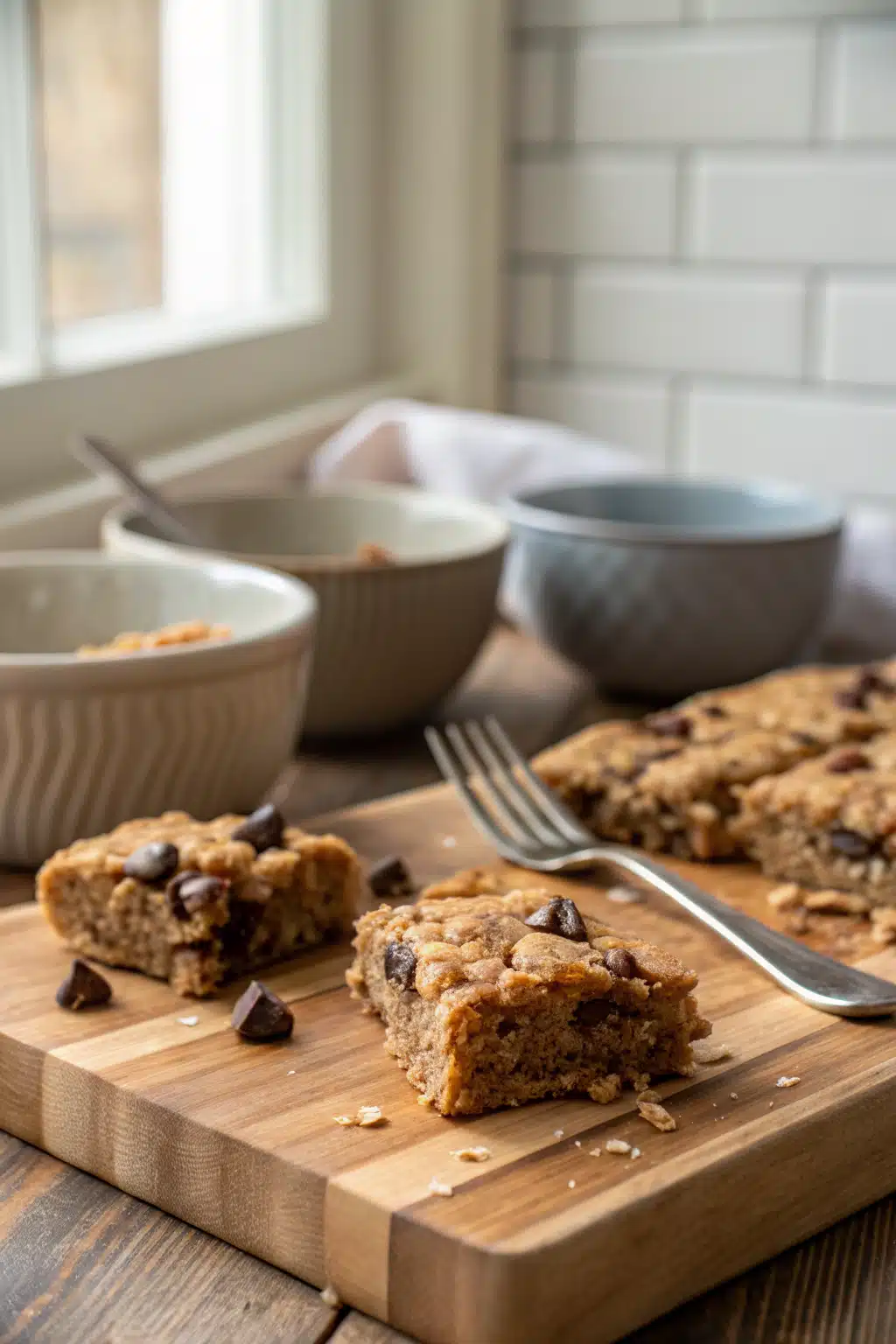 Oatmeal Chocolate Chip Peanut Butter Bars ingredients organized and measured on kitchen counter