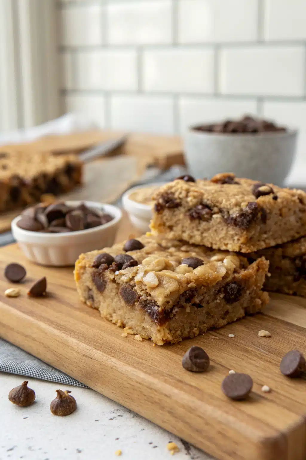 Oatmeal Chocolate Chip Peanut Butter Bars slice on plate showing perfect texture and swirl pattern