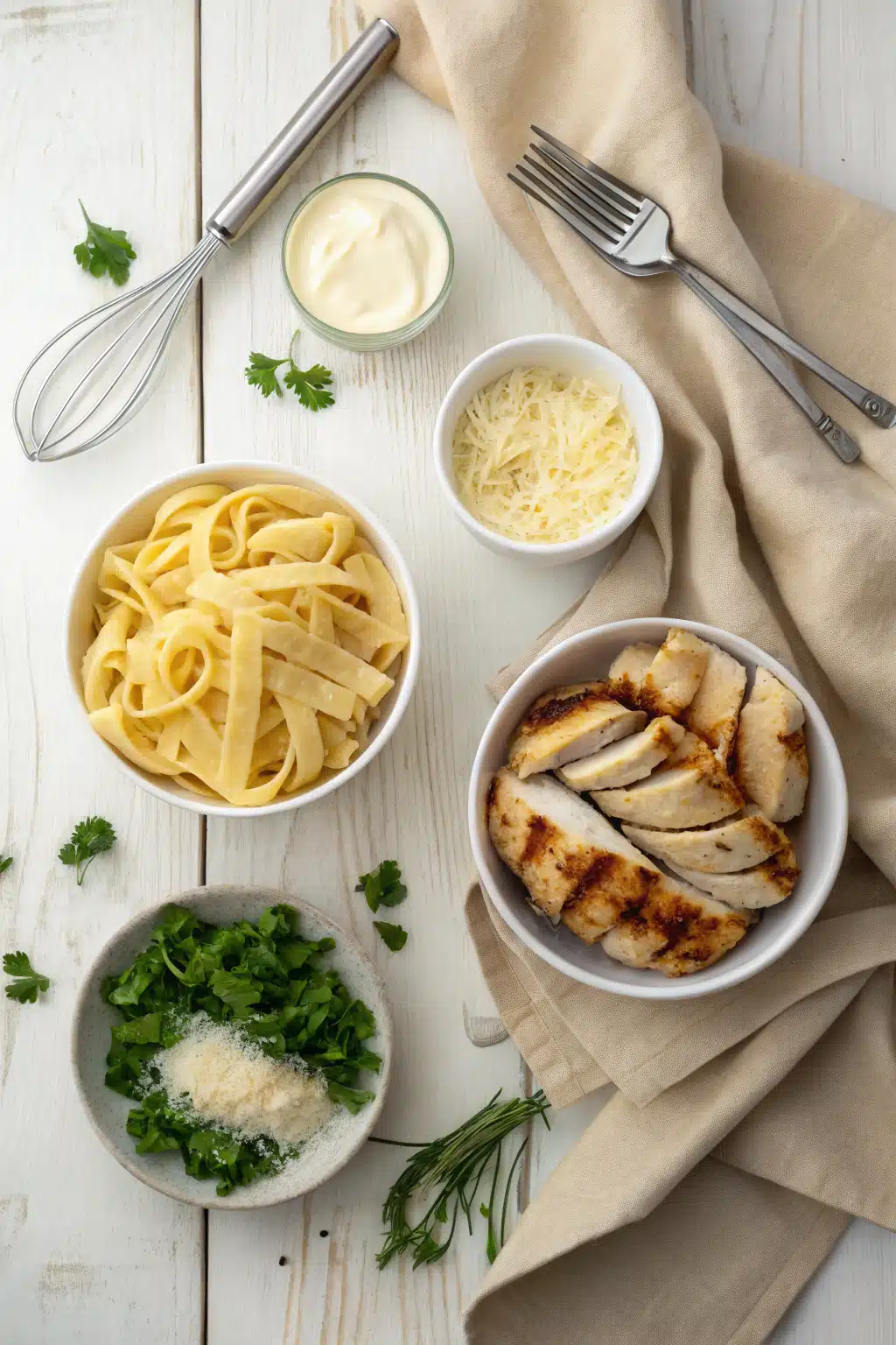 One Pot Chicken Alfredo beautifully presented from an overhead angle