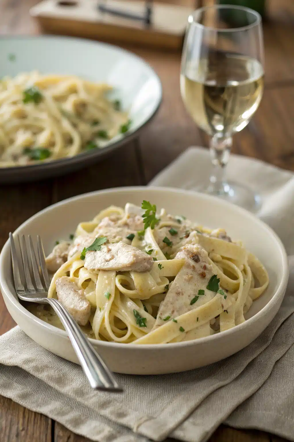 One Pot Chicken Alfredo ingredients organized and measured on kitchen counter