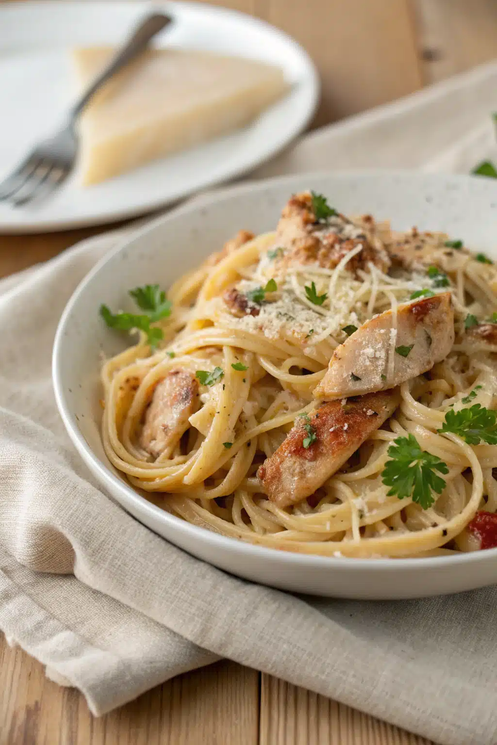 One Pot Chicken Alfredo slice on plate showing perfect texture and swirl pattern