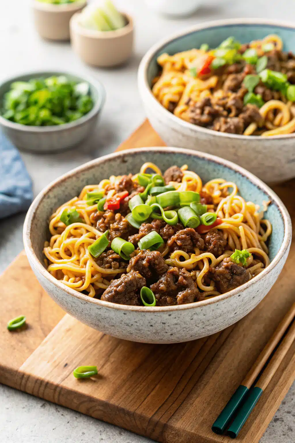 One-Pot Ground Beef Ramen beautifully presented from an overhead angle