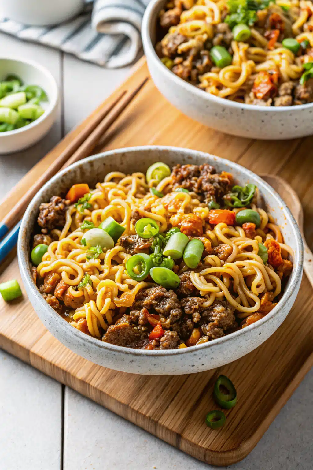 One-Pot Ground Beef Ramen ingredients organized and measured on kitchen counter