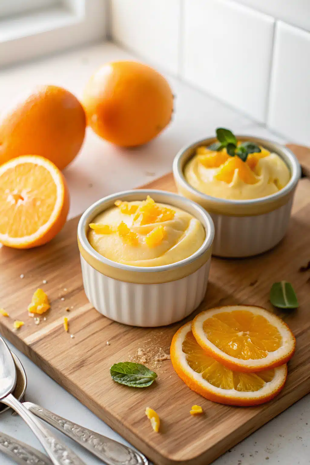 Creamy Orange Custard beautifully presented from an overhead angle