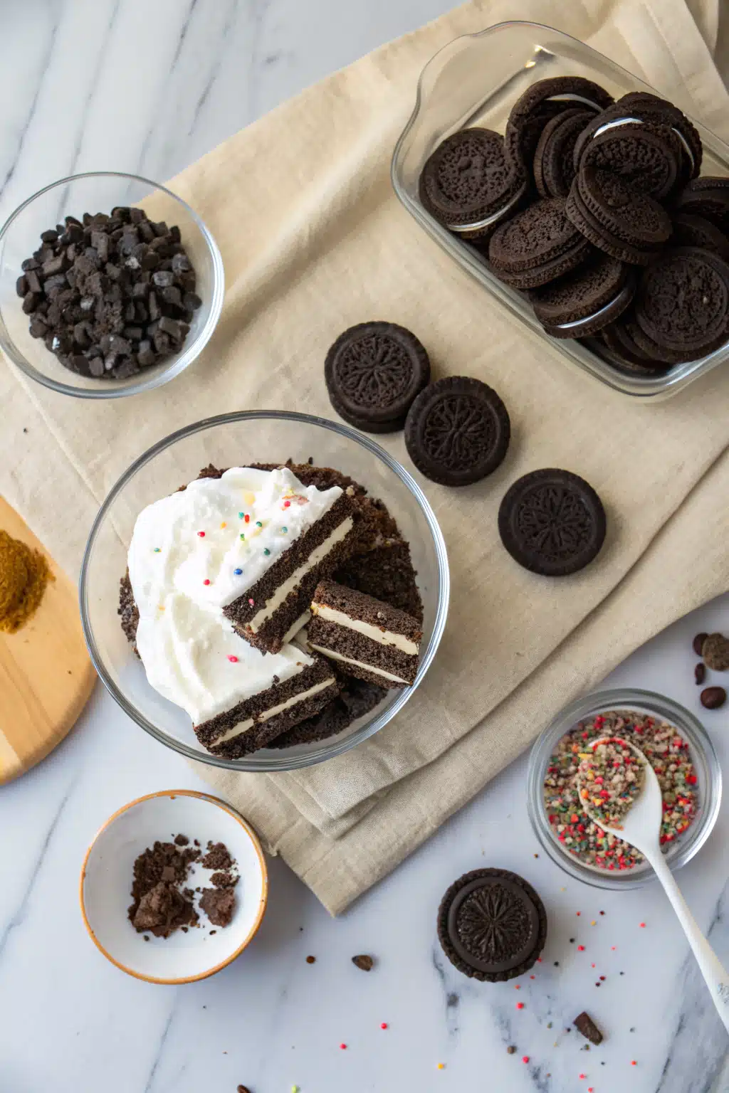 Oreo Icebox Cake beautifully presented from an overhead angle