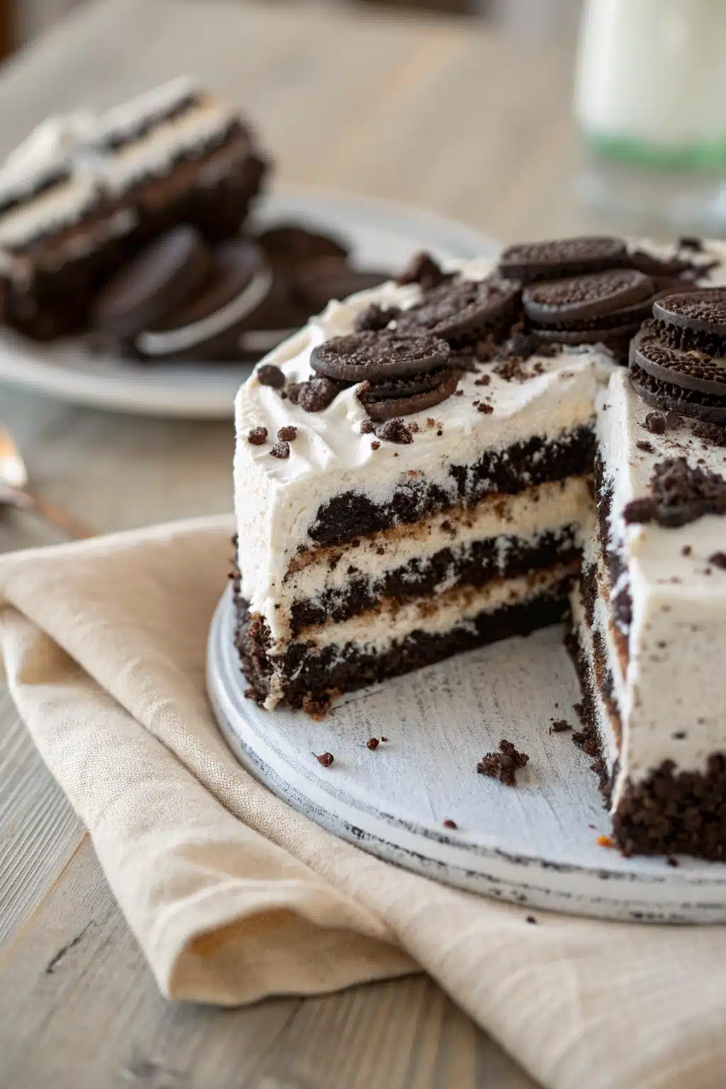 Oreo Icebox Cake slice on plate showing perfect texture and swirl pattern