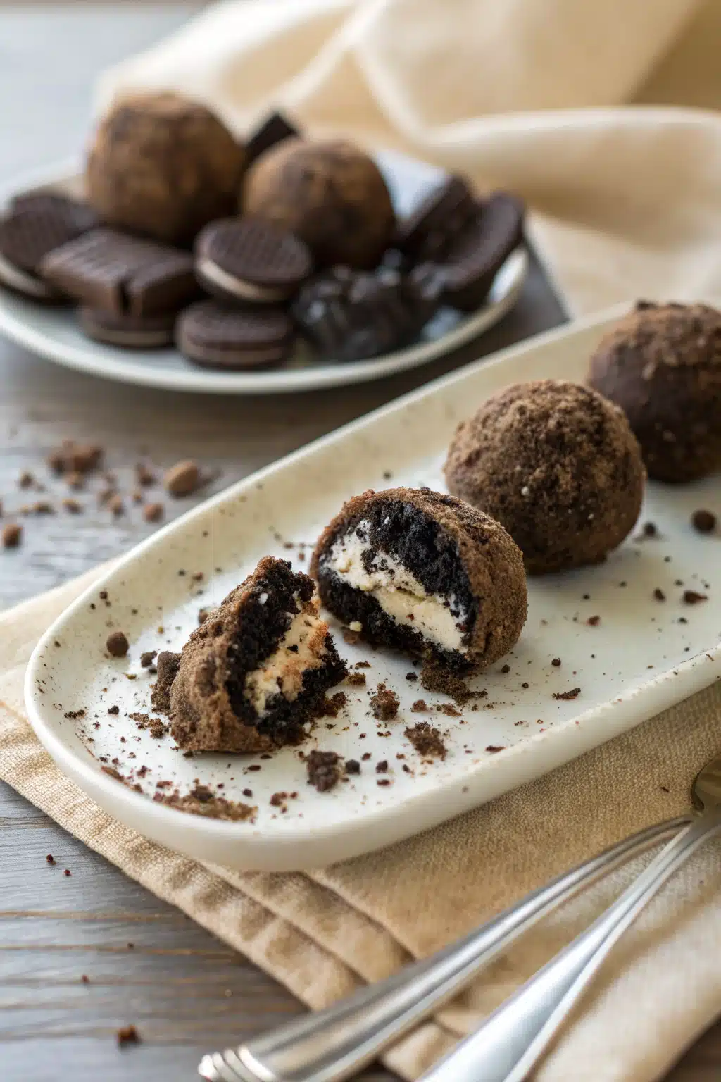 Oreo Truffles ingredients organized and measured on kitchen counter