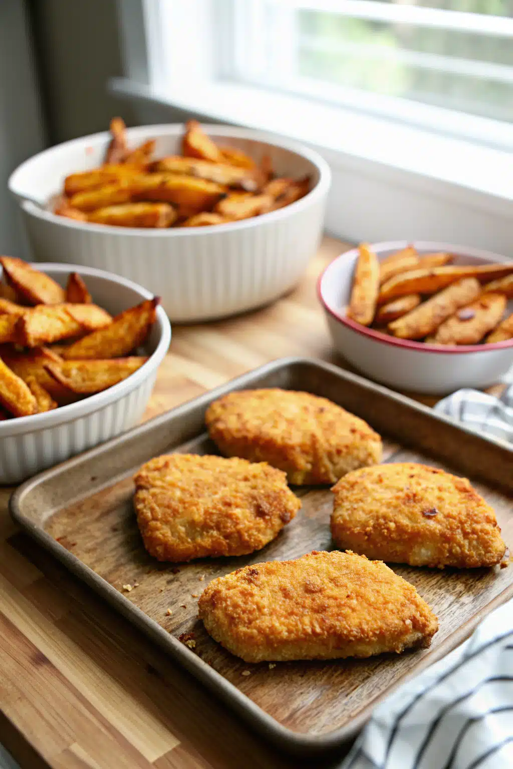 Baked Breaded Pork Chops ingredients organized and measured on kitchen counter