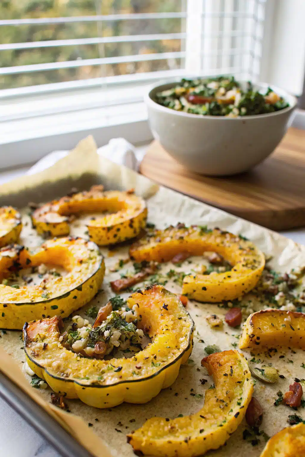 Parmesan Crusted Delicata Squash slice on plate showing perfect texture and swirl pattern