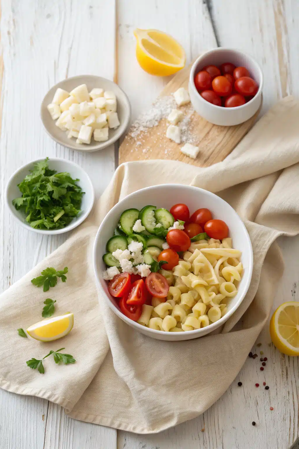Pasta Salad beautifully presented from an overhead angle