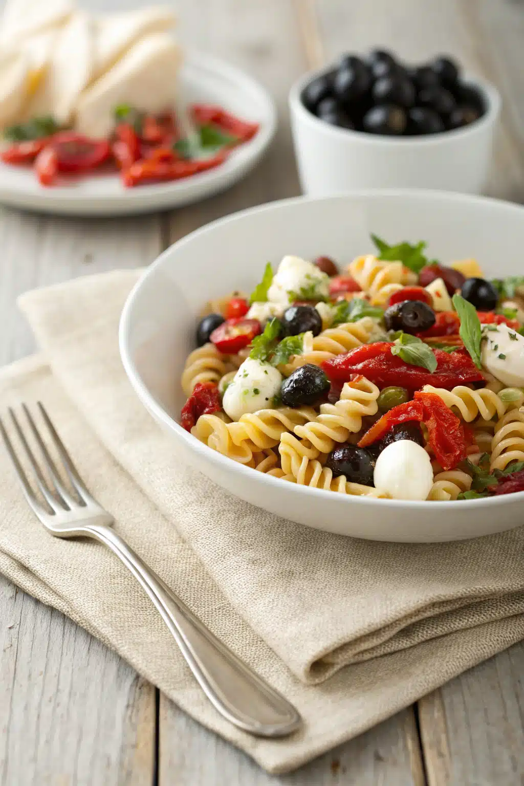 Pasta Salad ingredients organized and measured on kitchen counter