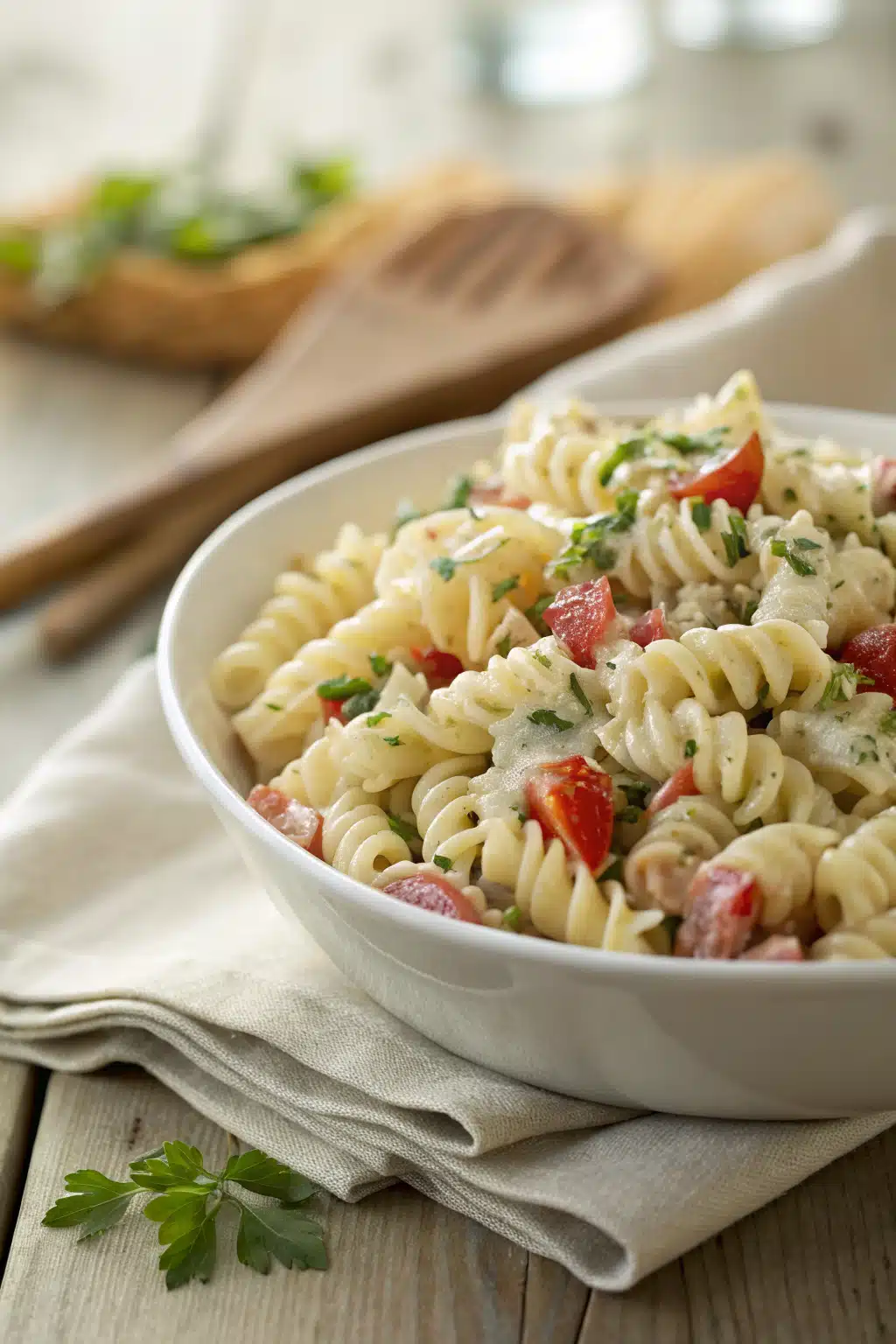 Pasta Salad slice on plate showing perfect texture and swirl pattern