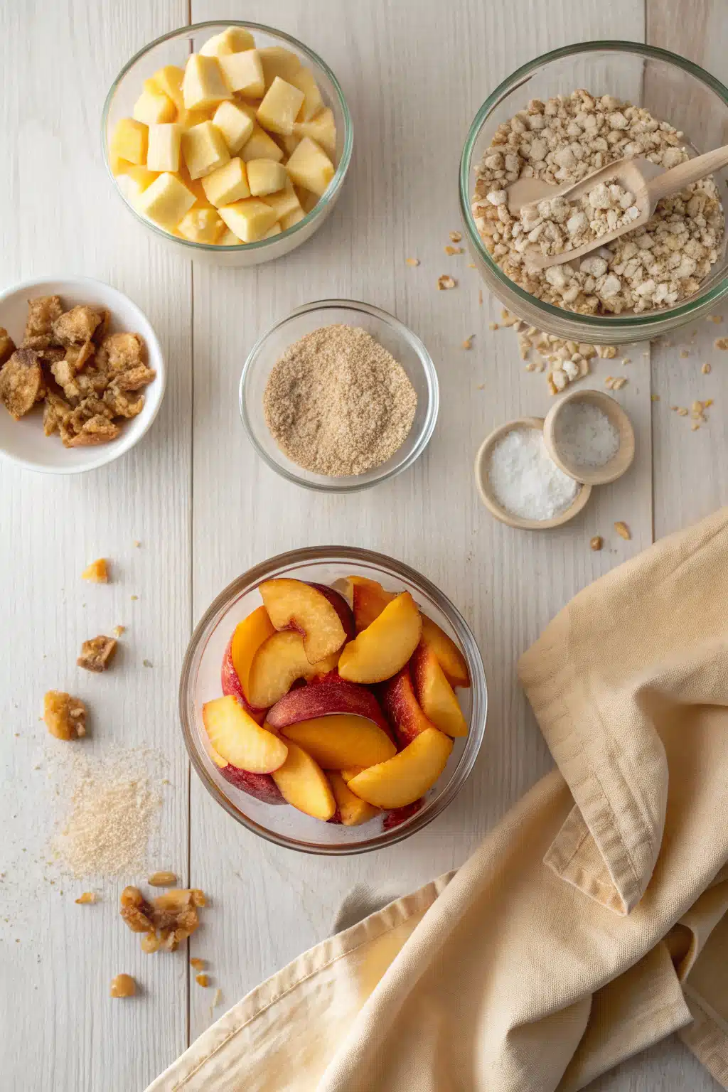 Peach Crisp Recipe beautifully presented from an overhead angle