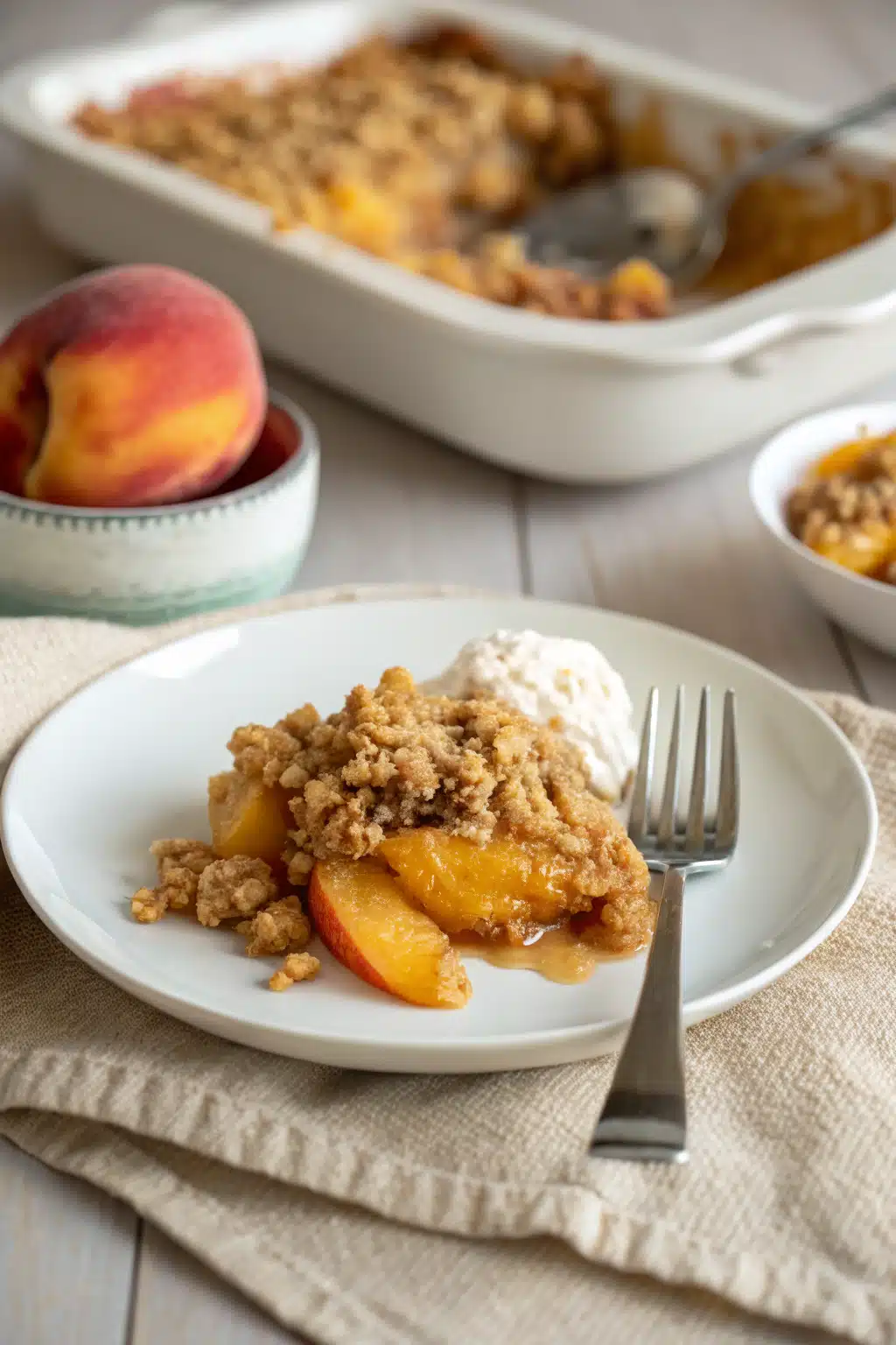 Peach Crisp Recipe ingredients organized and measured on kitchen counter