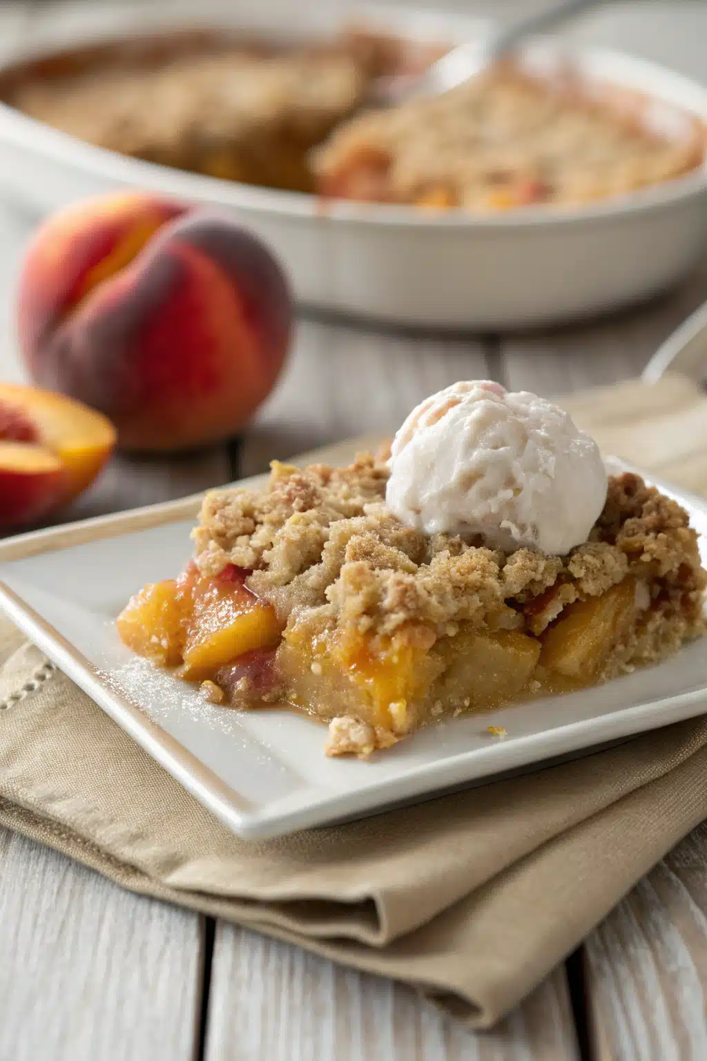 Peach Crisp Recipe slice on plate showing perfect texture and swirl pattern