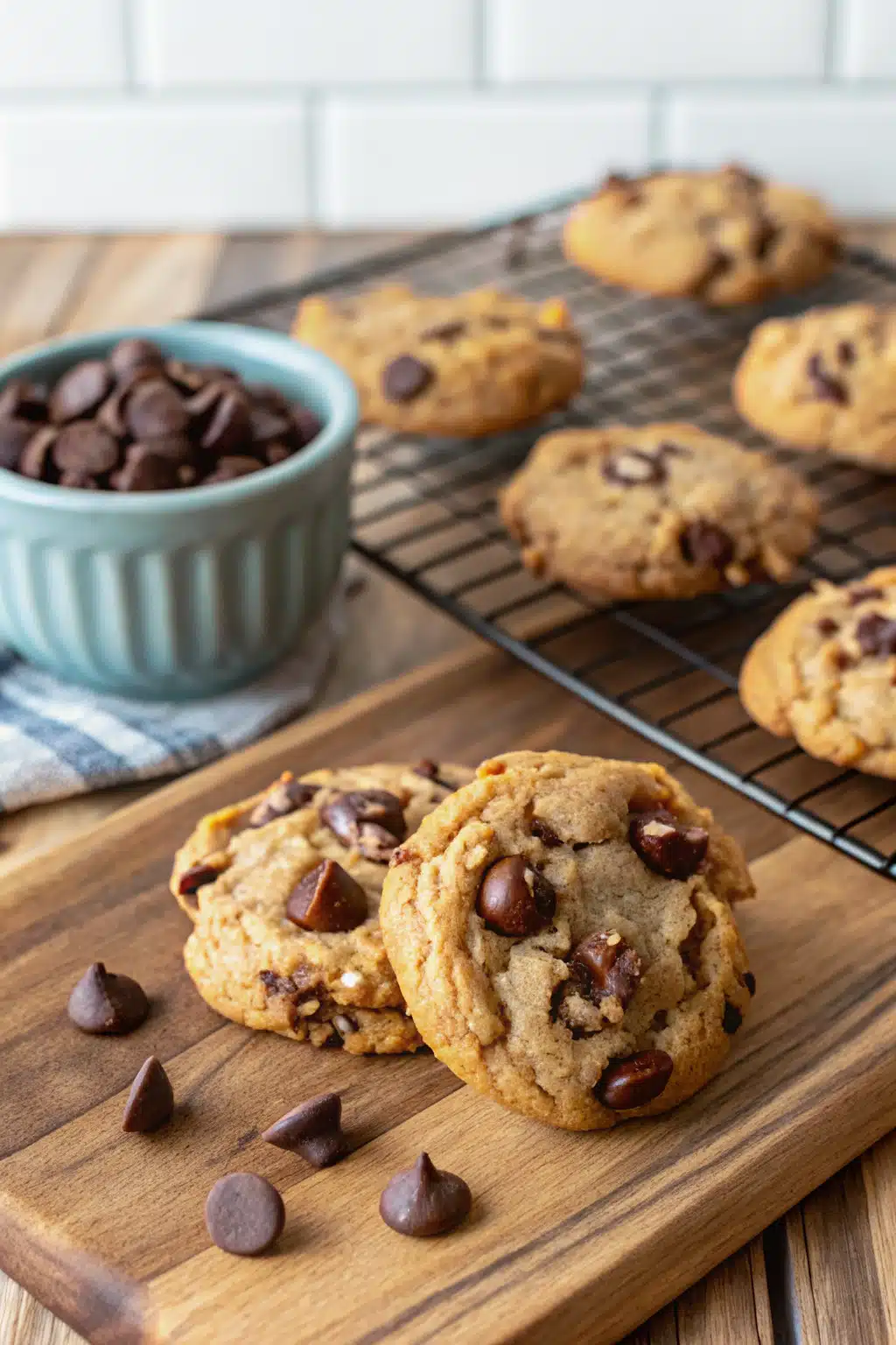 Peanut Butter Chocolate Chip Cookies beautifully presented from an overhead angle