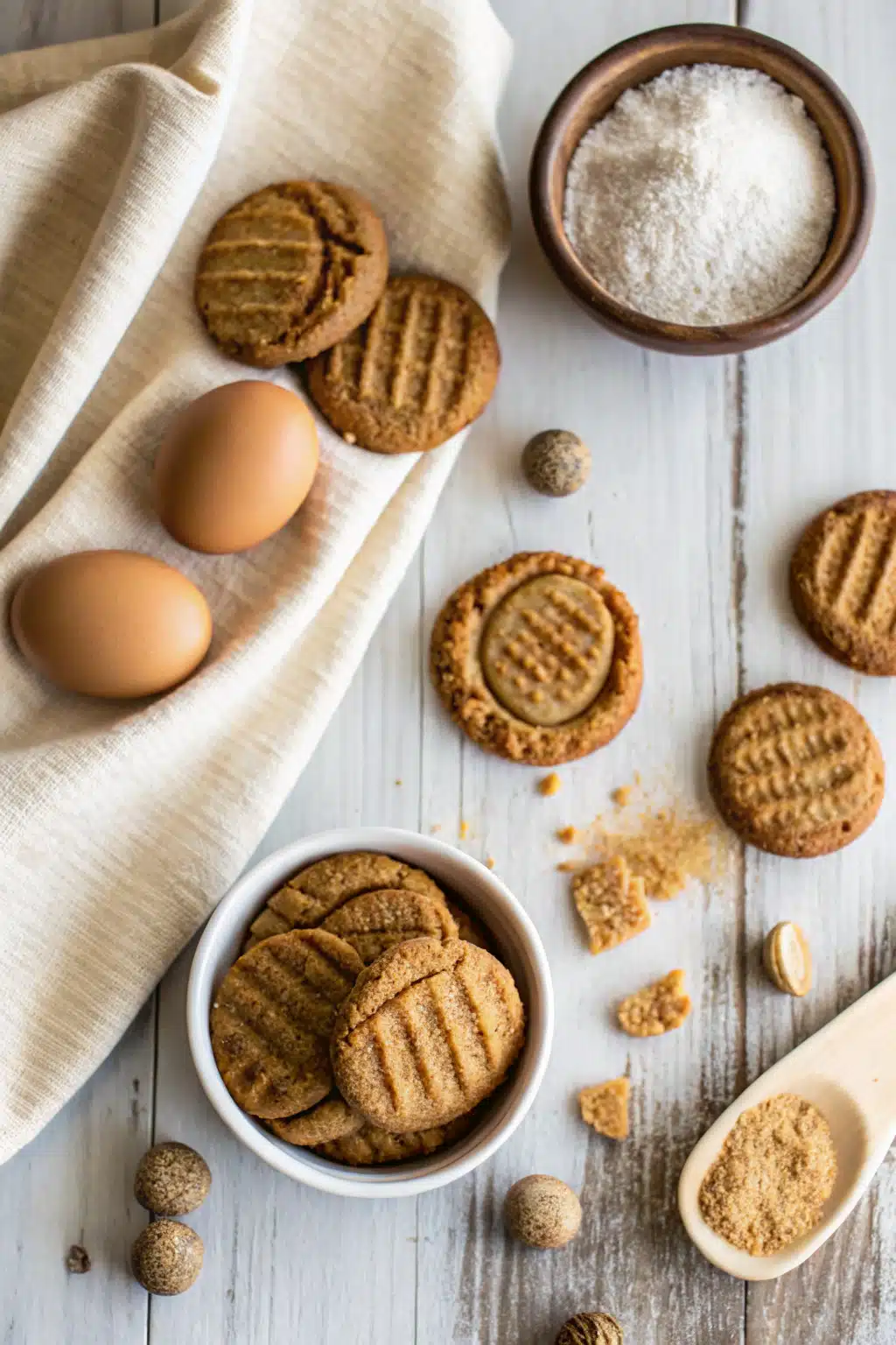 Worlds Best Easy Peanut Butter Cookies beautifully presented from an overhead angle