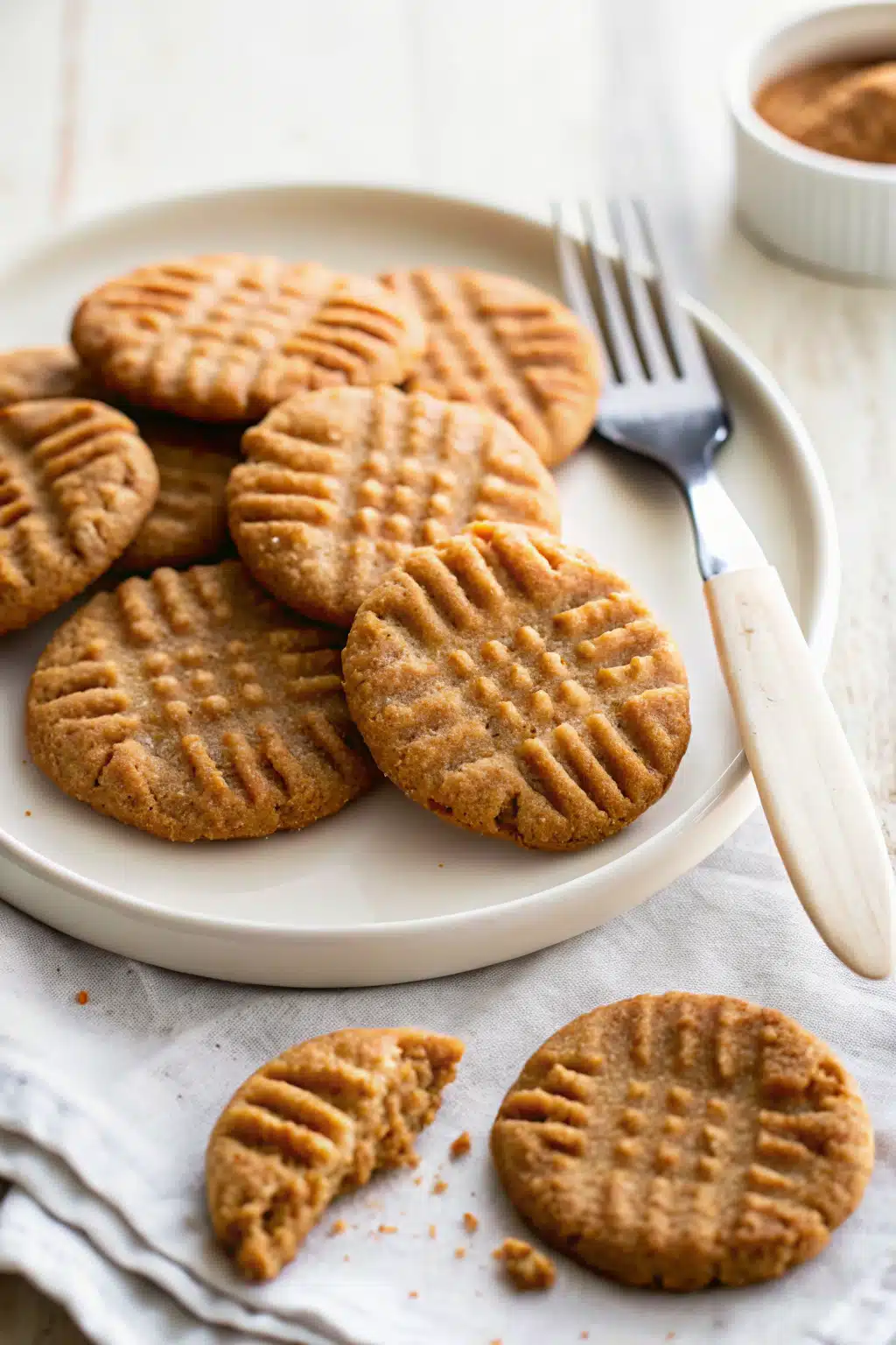 Worlds Best Easy Peanut Butter Cookies ingredients organized and measured on kitchen counter