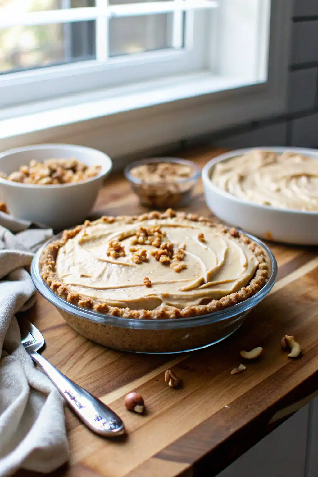 Peanut Butter Pie beautifully presented from an overhead angle