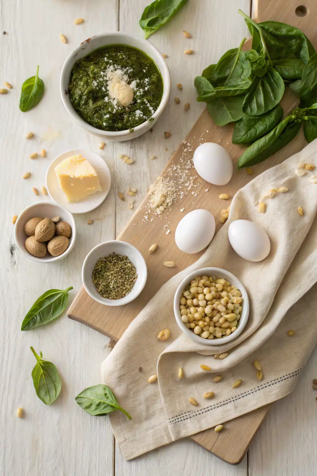 Pesto Eggs beautifully presented from an overhead angle