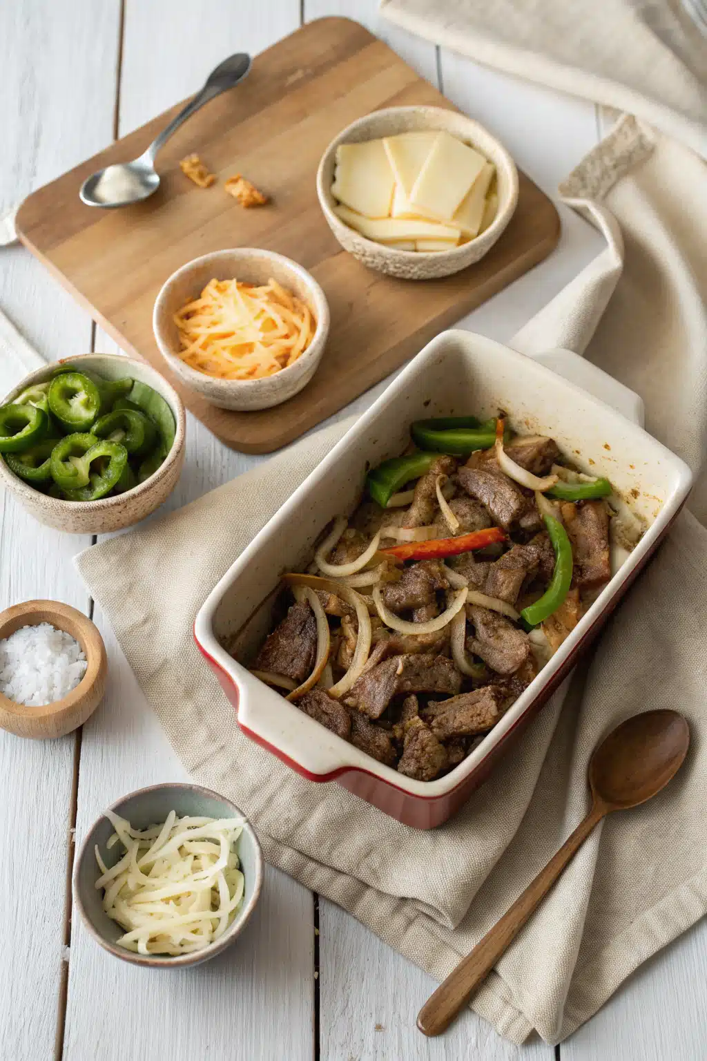 Philly Cheesesteak Casserole beautifully presented from an overhead angle