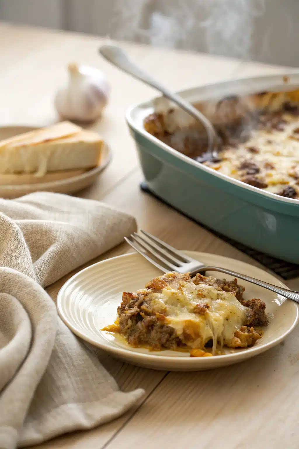 Philly Cheesesteak Casserole ingredients organized and measured on kitchen counter