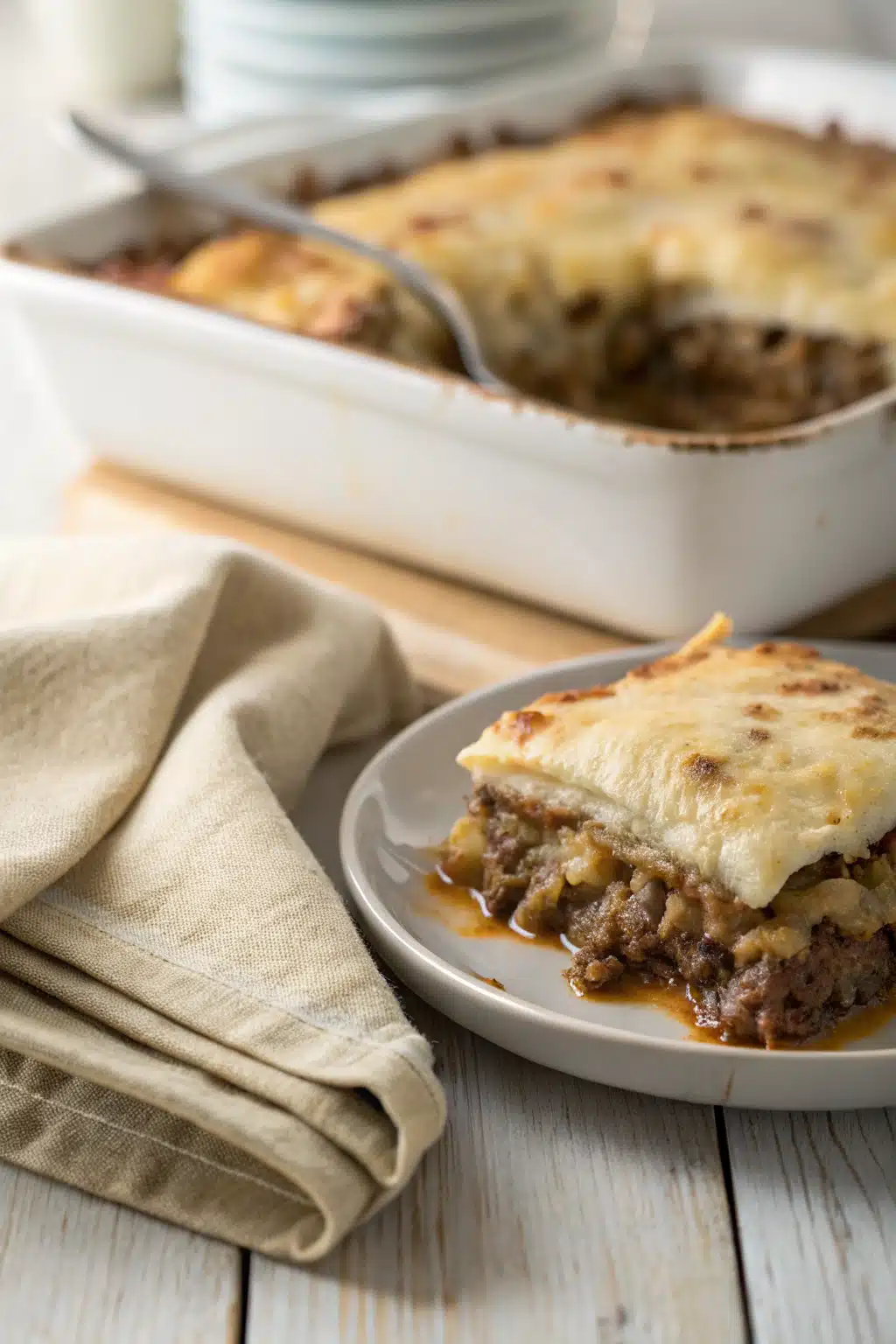 Philly Cheesesteak Casserole slice on plate showing perfect texture and swirl pattern