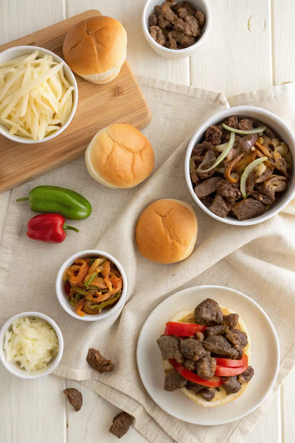 Philly Cheesesteak Sliders beautifully presented from an overhead angle