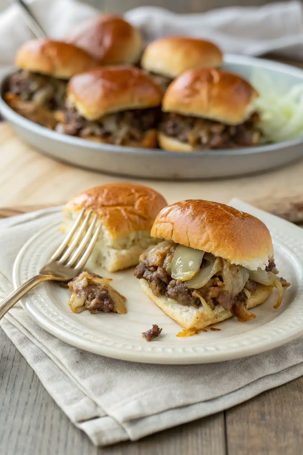 Philly Cheesesteak Sliders ingredients organized and measured on kitchen counter