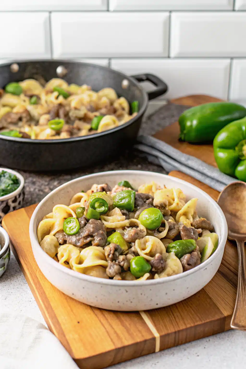 Philly Cheesesteak Tortellini beautifully presented from an overhead angle