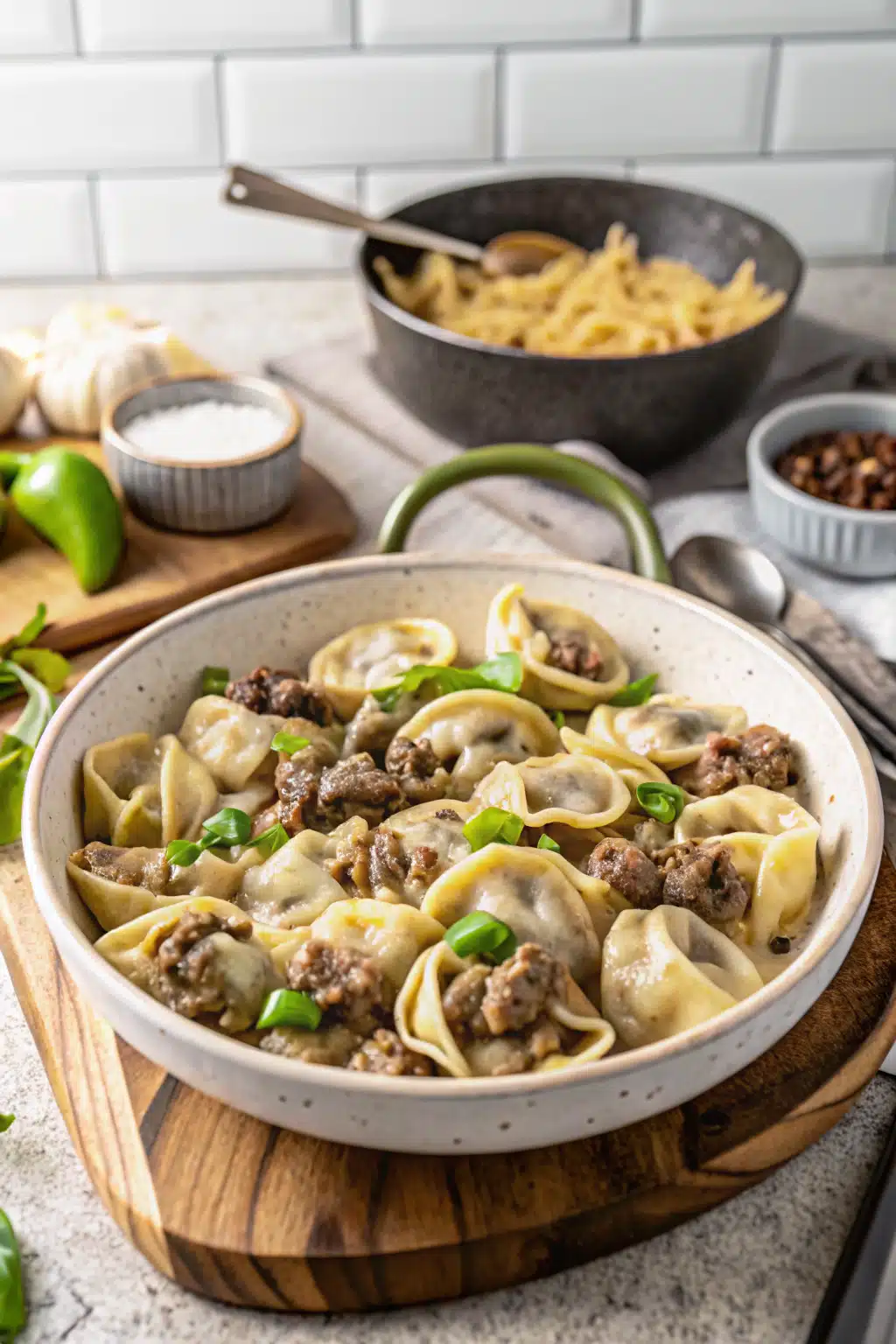 Philly Cheesesteak Tortellini ingredients organized and measured on kitchen counter