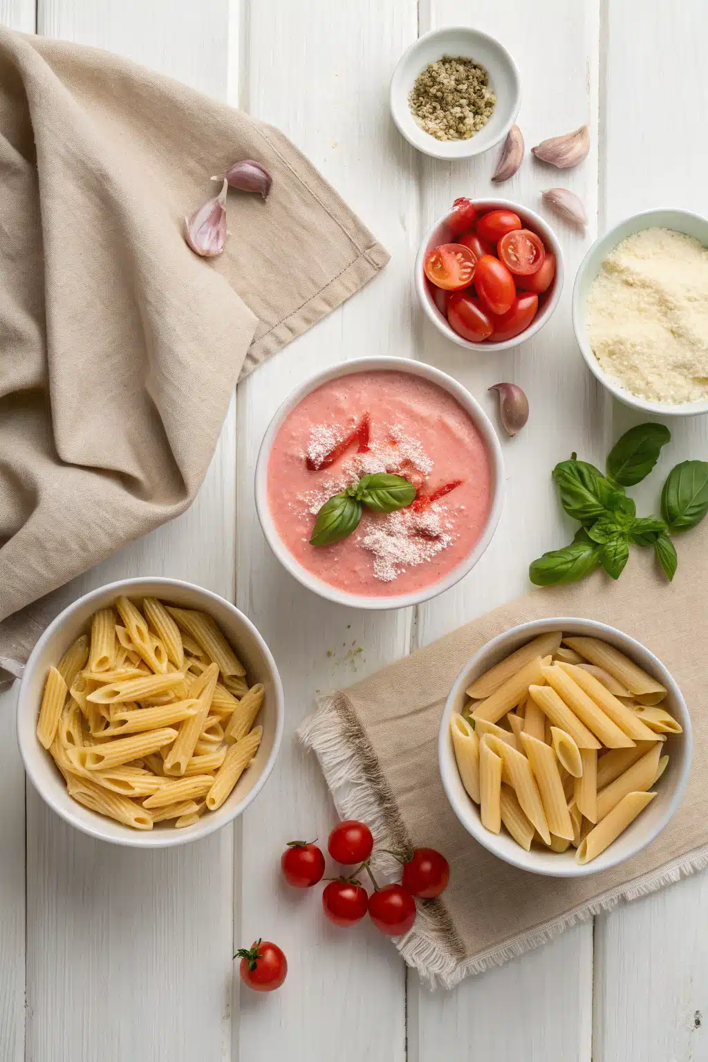 Pink Sauce Pasta beautifully presented from an overhead angle