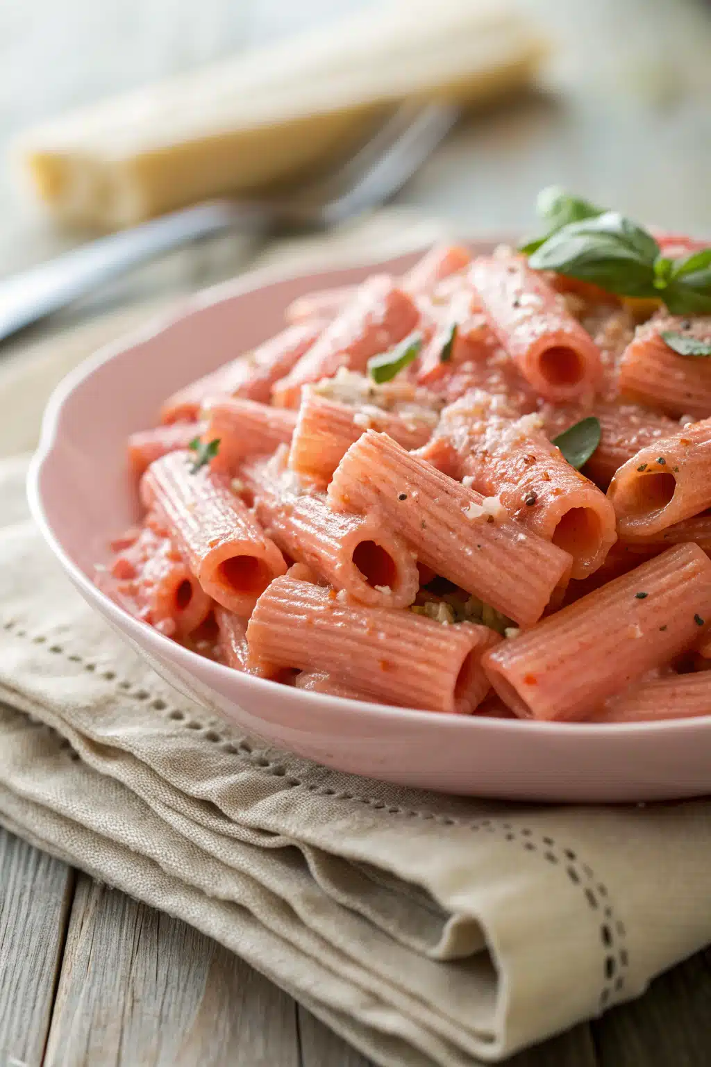 Pink Sauce Pasta slice on plate showing perfect texture and swirl pattern