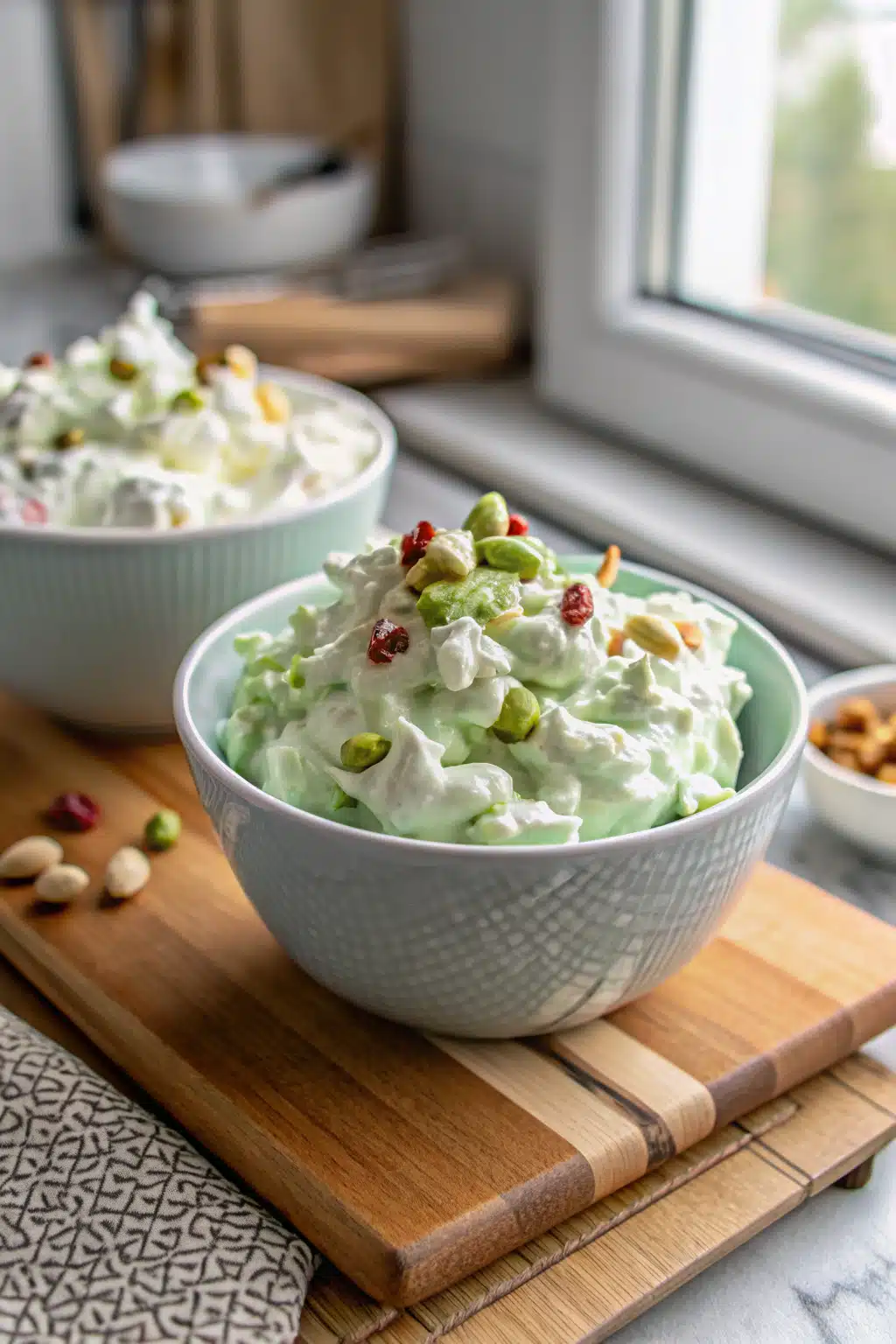 Pistachio Fluff Salad beautifully presented from an overhead angle