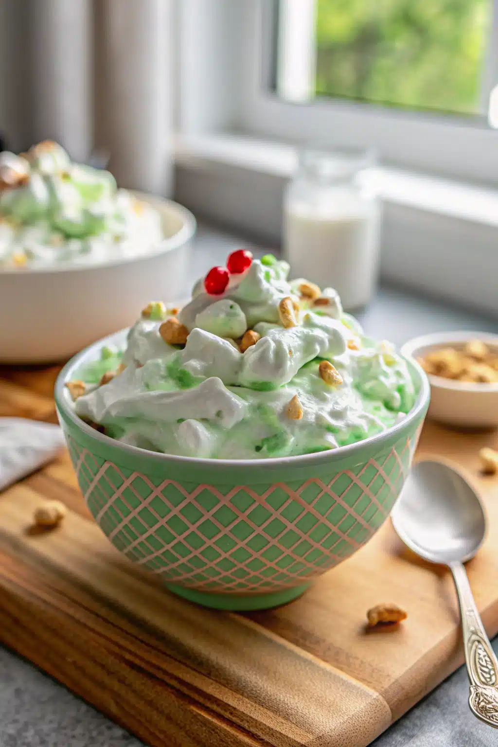 Pistachio Fluff Salad ingredients organized and measured on kitchen counter