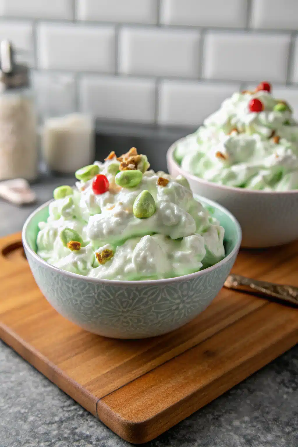 Pistachio Fluff Salad slice on plate showing perfect texture and swirl pattern