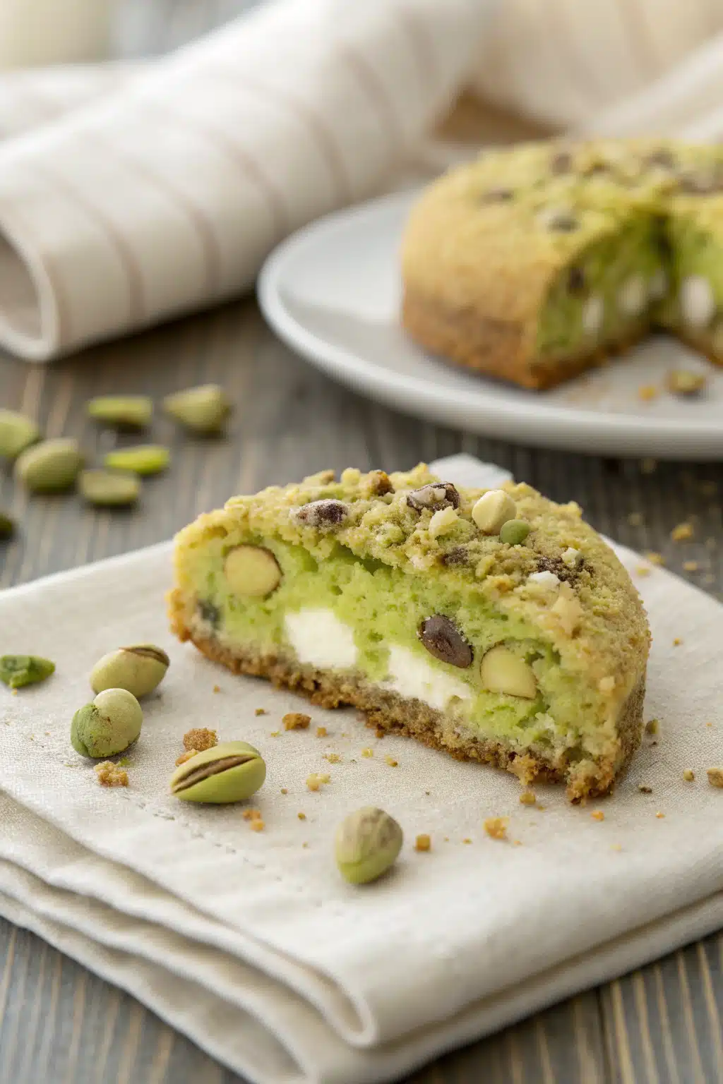 Pistachio Pudding Cookies slice on plate showing perfect texture and swirl pattern