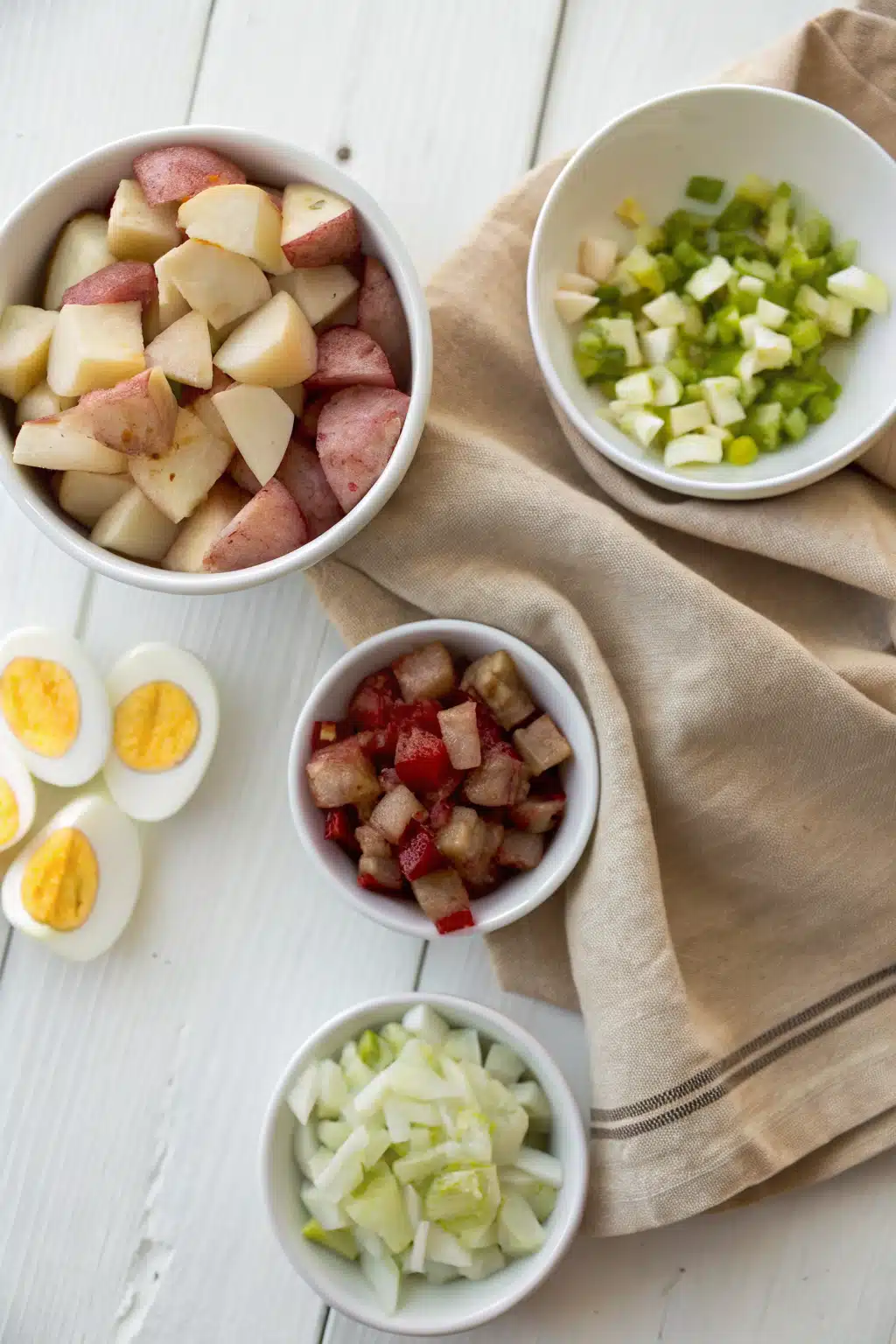Potato Salad beautifully presented from an overhead angle