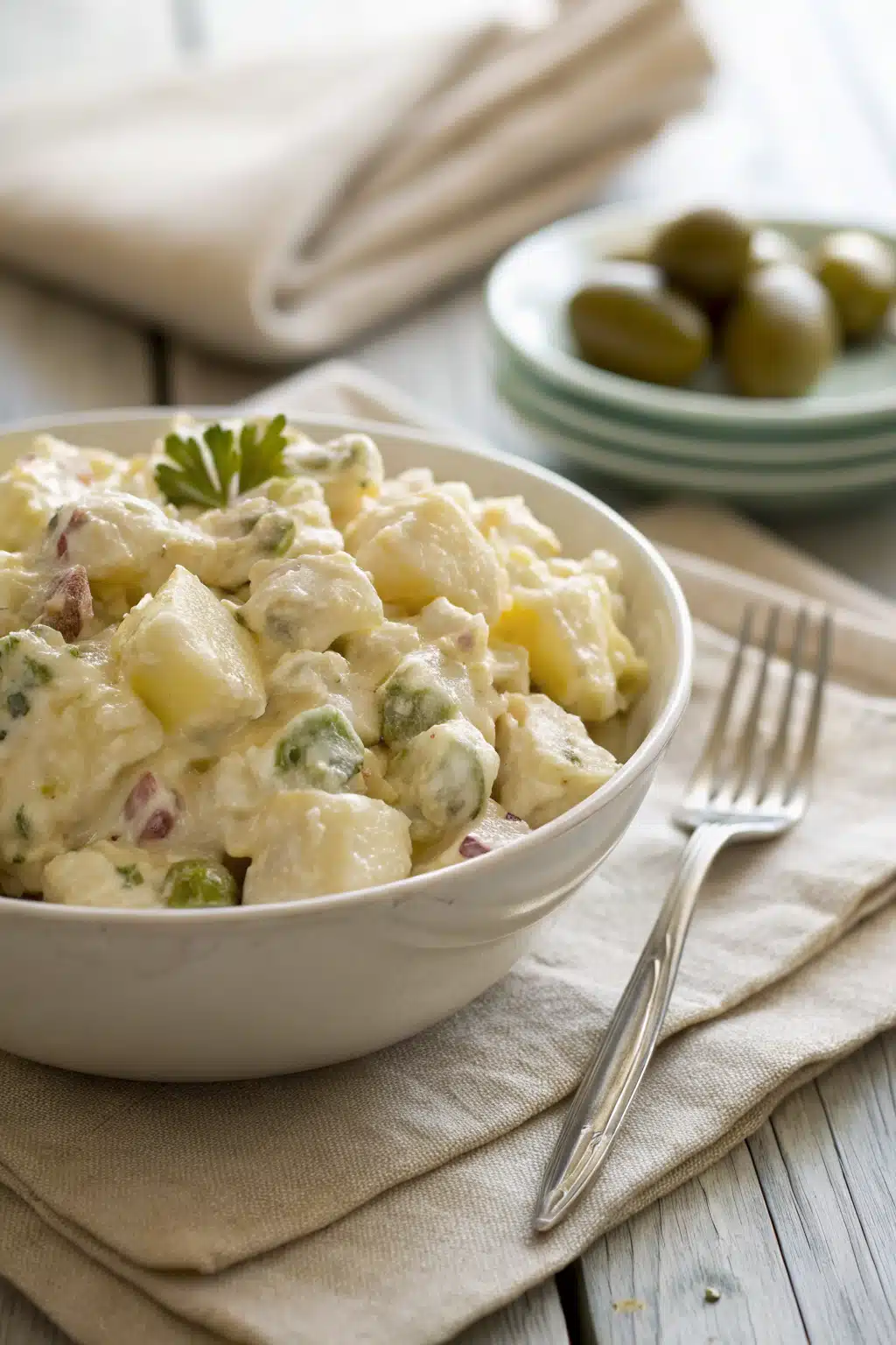 Potato Salad ingredients organized and measured on kitchen counter