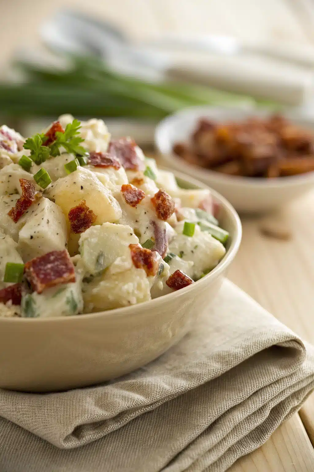 Potato Salad slice on plate showing perfect texture and swirl pattern