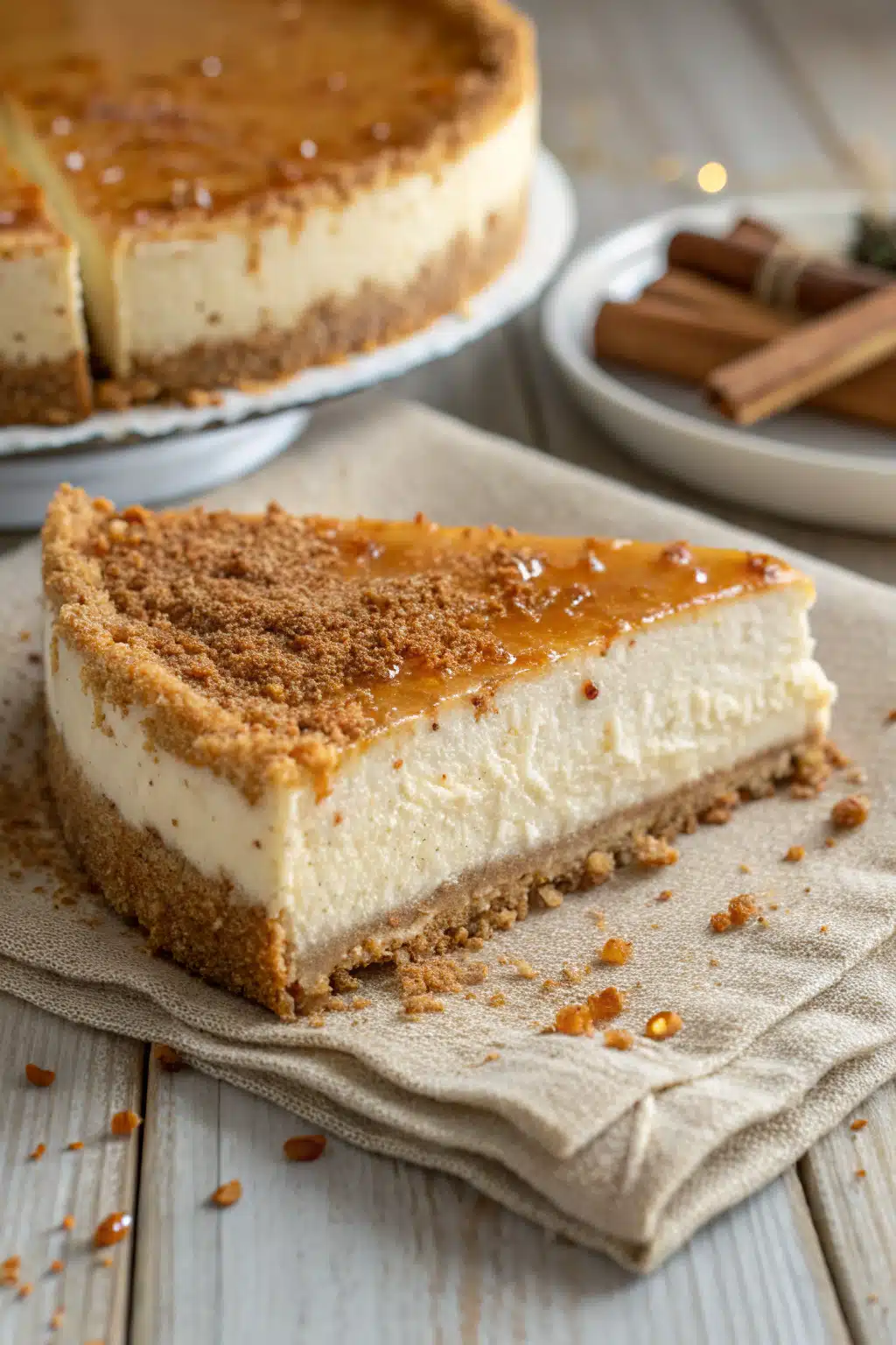 Pumpkin Cheesecake slice on plate showing perfect texture and swirl pattern