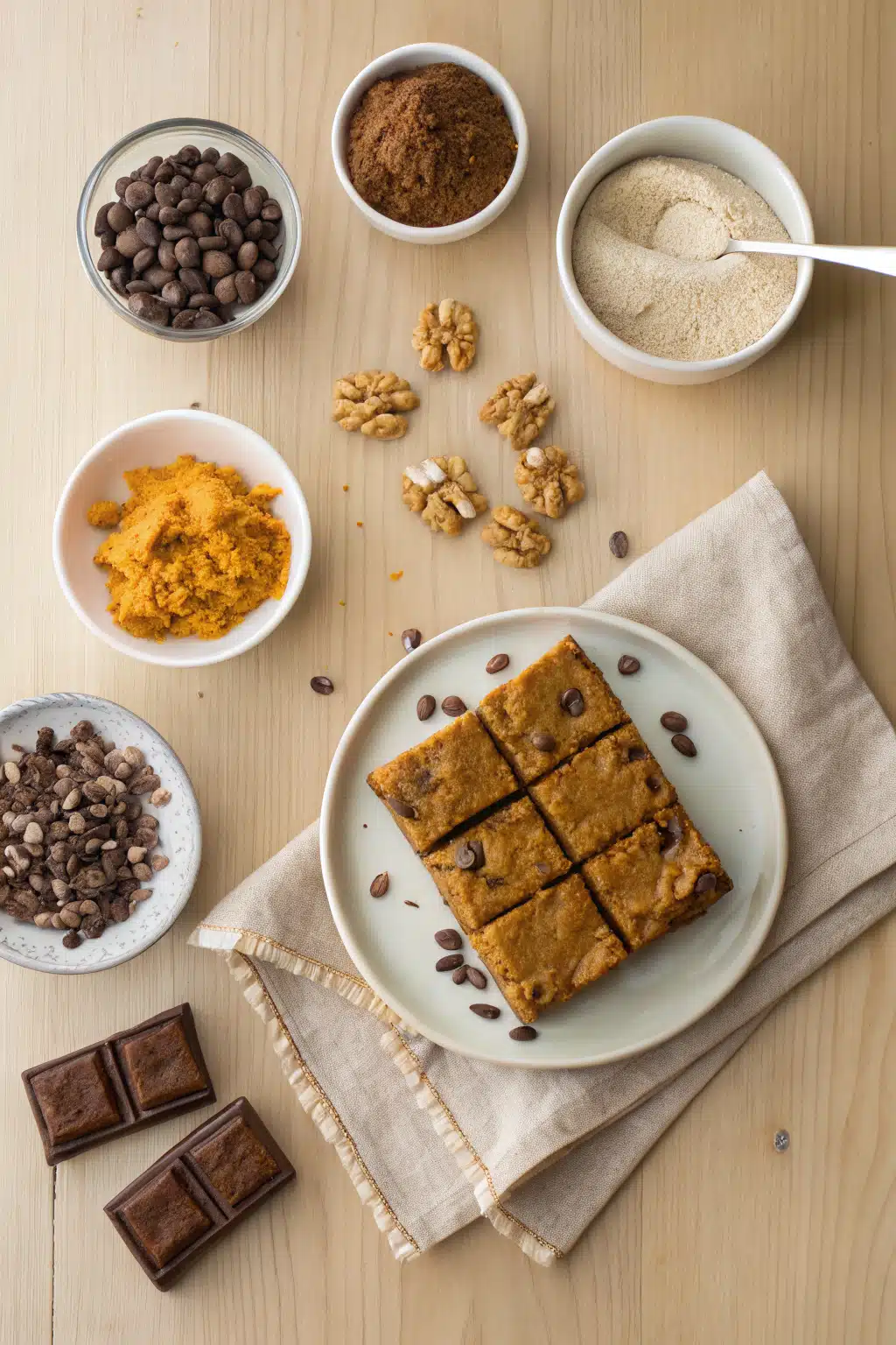 Pumpkin Chocolate Chip Bars beautifully presented from an overhead angle