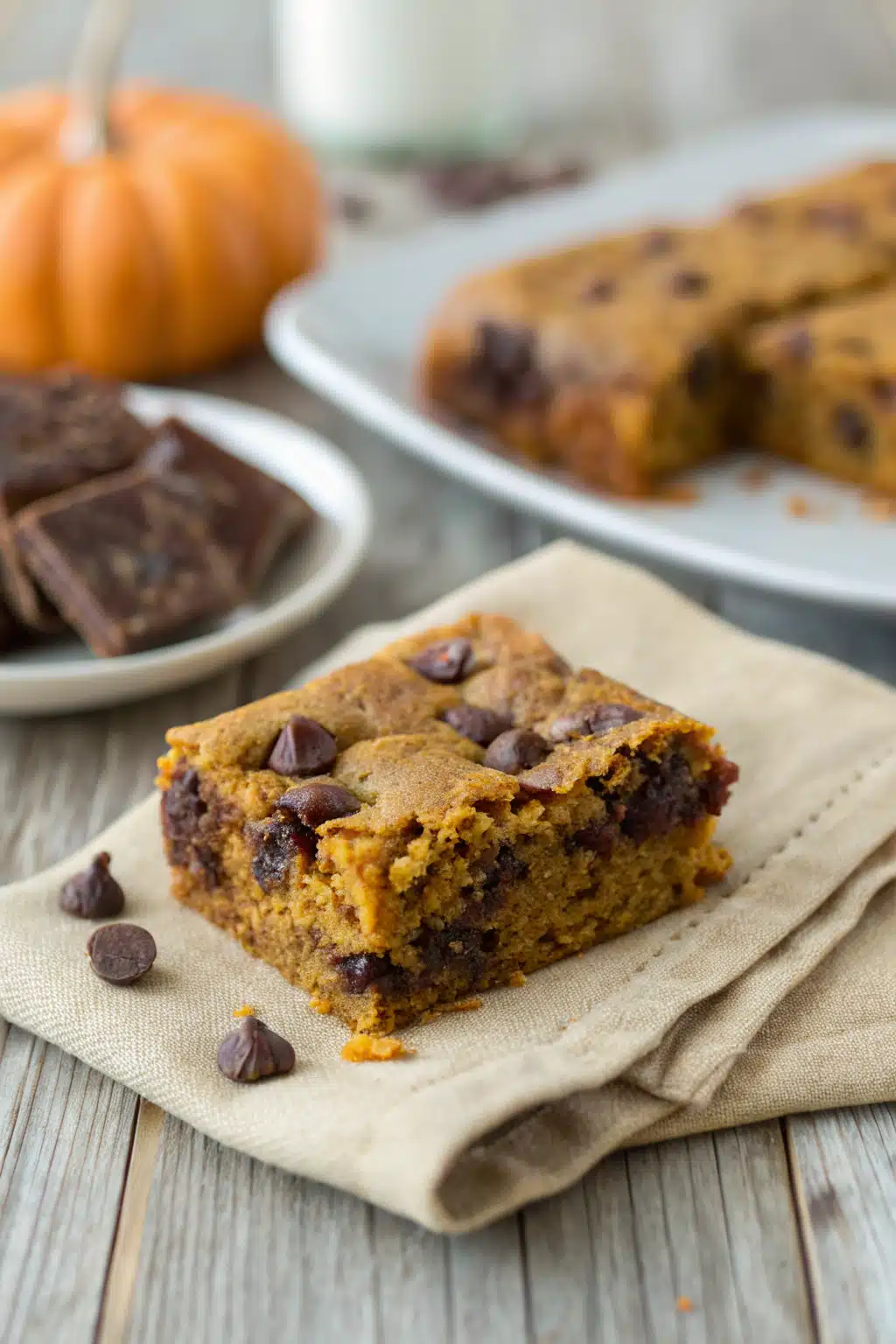 Pumpkin Chocolate Chip Bars slice on plate showing perfect texture and swirl pattern